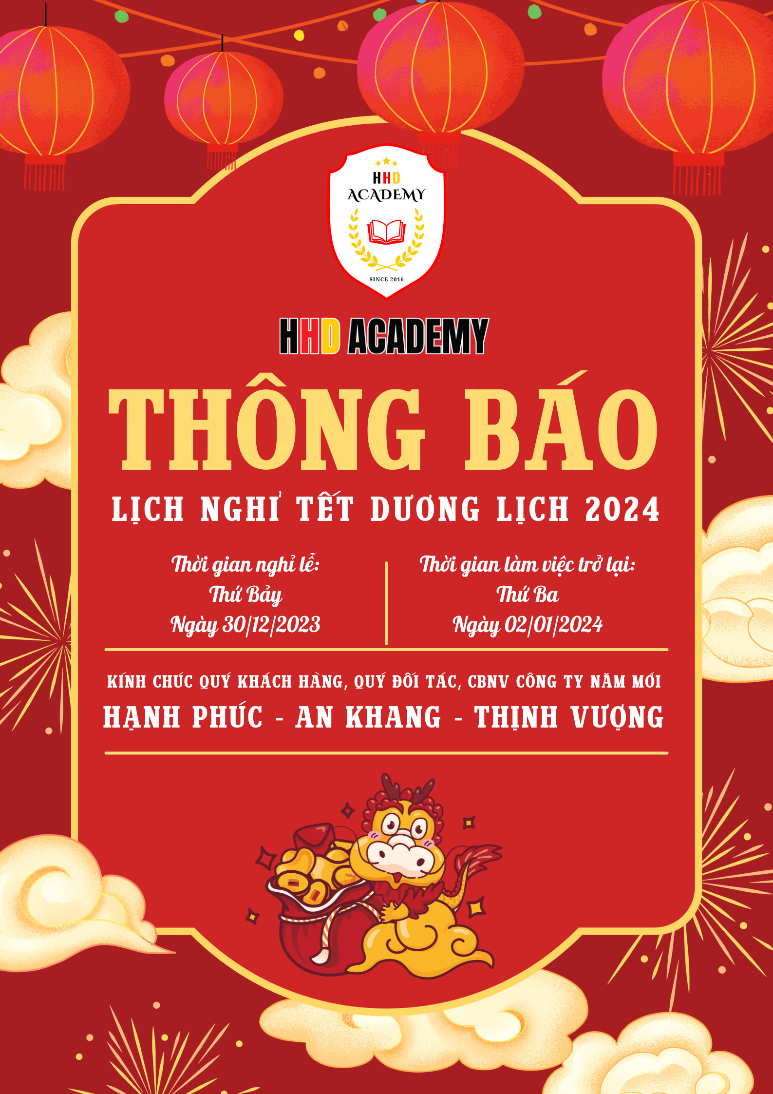 THÔNG BÁO LỊCH NGHỈ TẾT DƯƠNG LỊCH